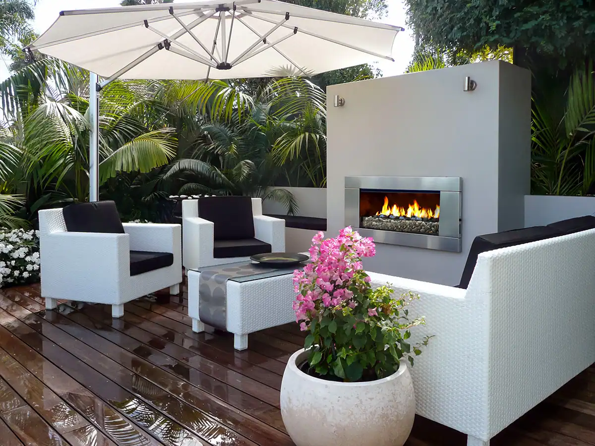 Herne Bay outdoor fireplace and private seating area. 