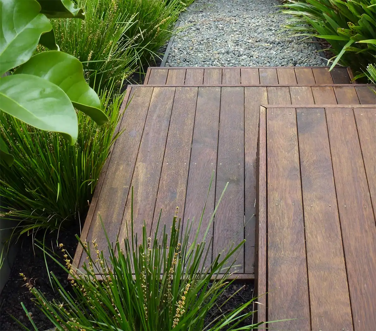 Birkenhead timber platform steps with grasses  and pebble path