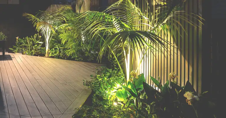 Night-lit townhouse deck garden with lush tropical planting and ambient landscape lighting.